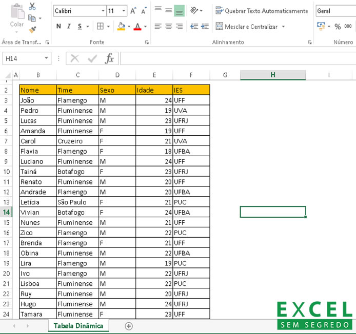 Tabela em excel